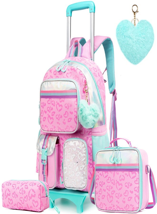 Meetbelify Girls' Rolling Backpack with Wheels - Cute Kawaii Carry On Backpack with Lunch Box for Elementary Students - Pink Love - Image 1